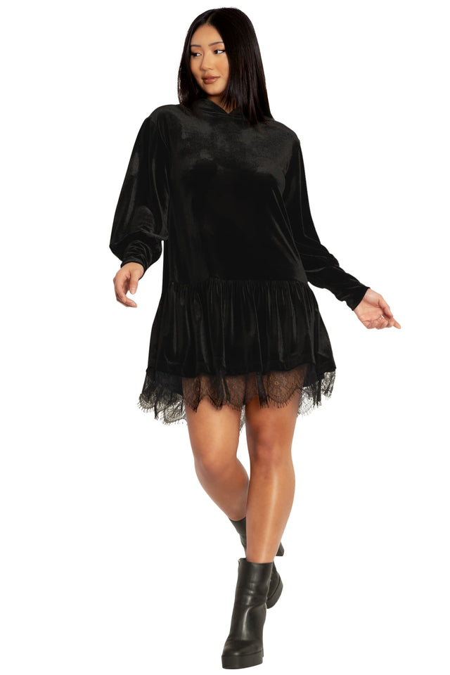 BlackMilk Clothing - Velvet Black Hooded Sweater Dress