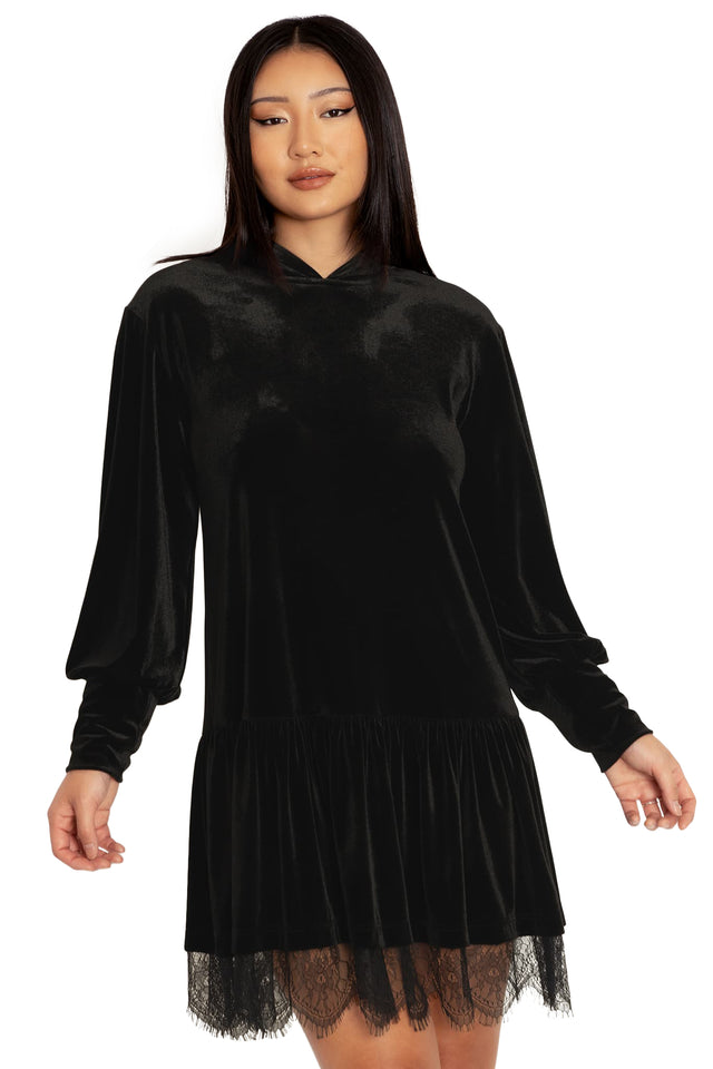 BlackMilk Clothing - Velvet Black Hooded Sweater Dress