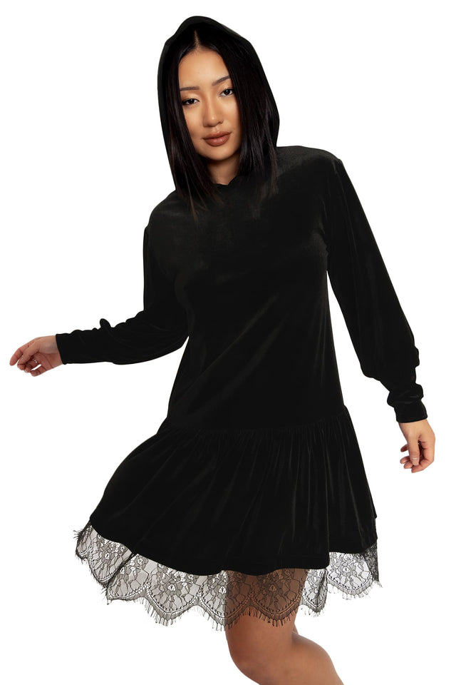 BlackMilk Clothing - Velvet Black Hooded Sweater Dress
