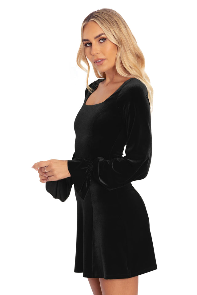 BlackMilk Clothing - Velvet Black Squared Up Bishop A Line Dress