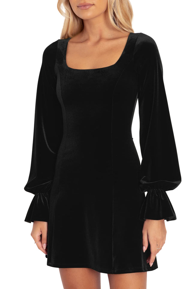 BlackMilk Clothing - Velvet Black Squared Up Bishop A Line Dress