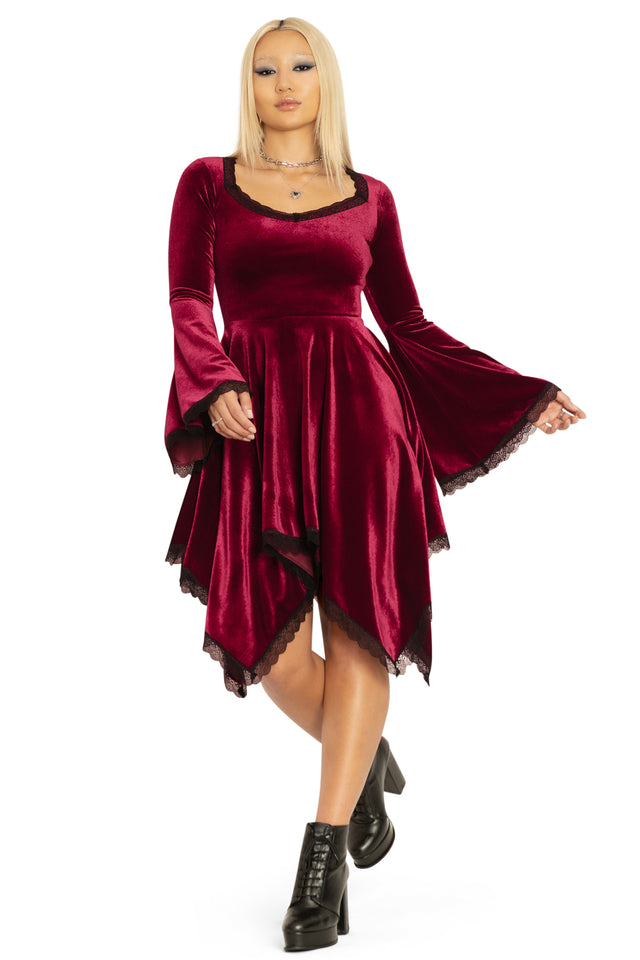 Velvet Wine Spectre Waterfall Dress Front