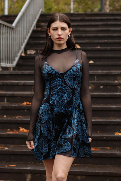 BlackMilk | Venomous Blue Velvet Mini Strappy Dress | Black