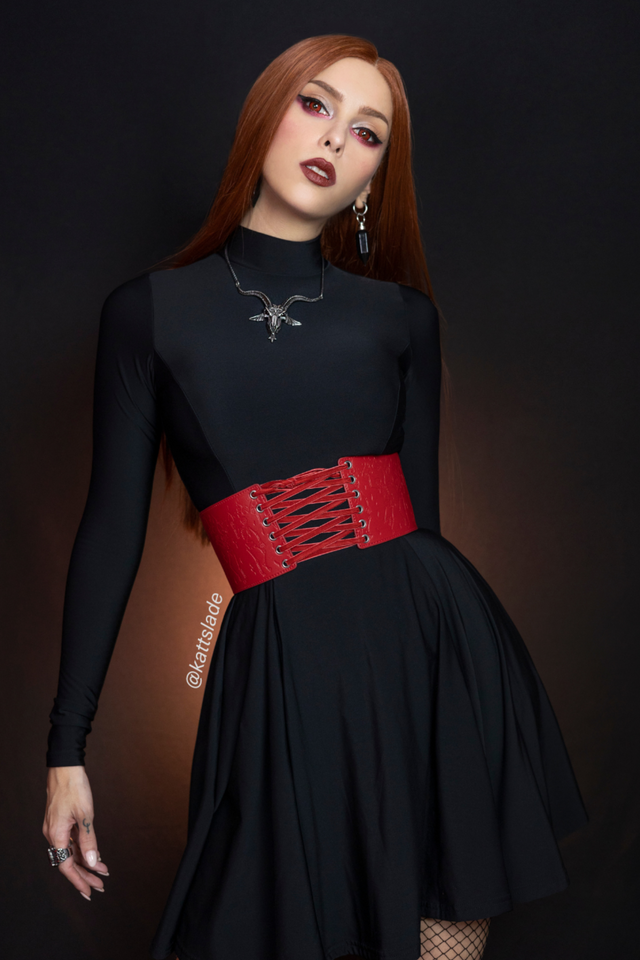 BlackMilk Clothing - Essentials - Staples - Warm Black Long Sleeve Evil Mini Skater Dress - Hellfire Tie It Up Corset Belt - @kattslade