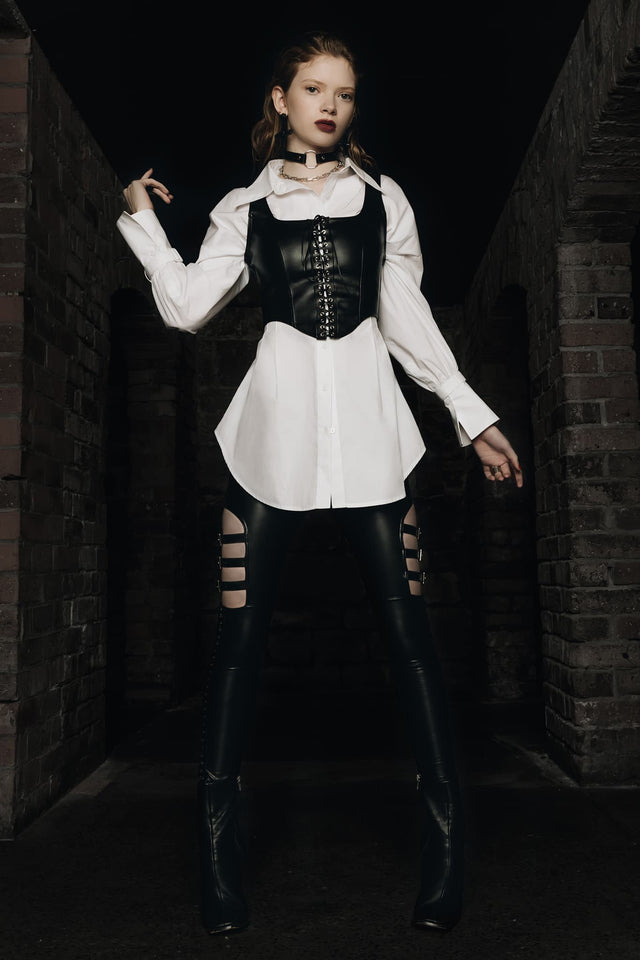 White Gothic Romance Cinched Waist Button Up Shirt Campaign 