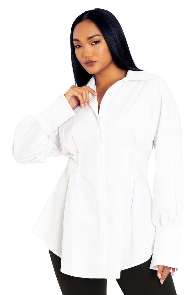 White Gothic Romance Cinched Waist Button Up Shirt closeup