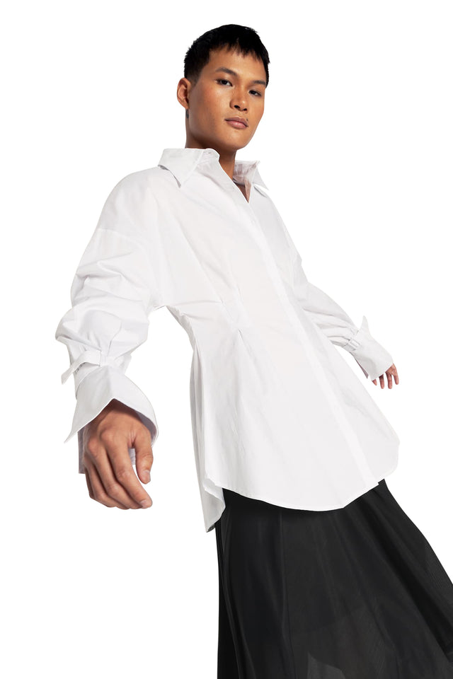 White Gothic Romance Cinched Waist Button Up Shirt wide