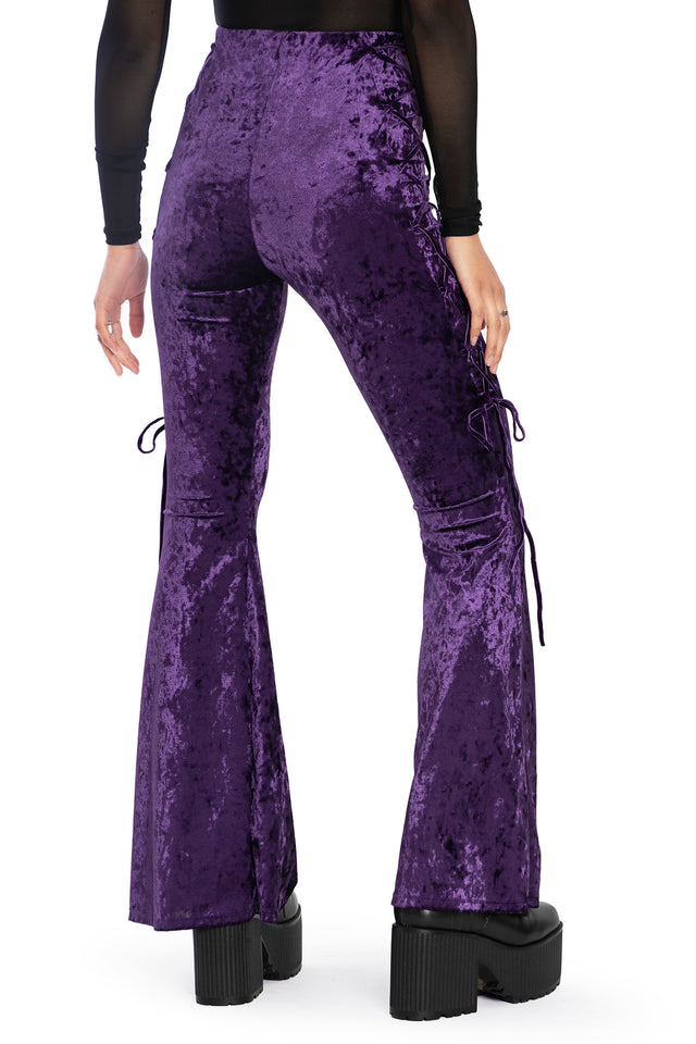 BlackMilk Clothing - Wiccan Crushed Velvet Lace Side Flare Pants