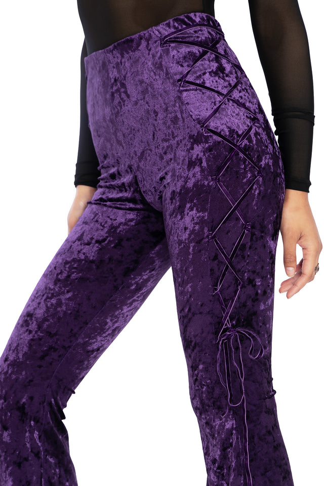 Wiccan Crushed Velvet Lace Side Flare Pants Closeup