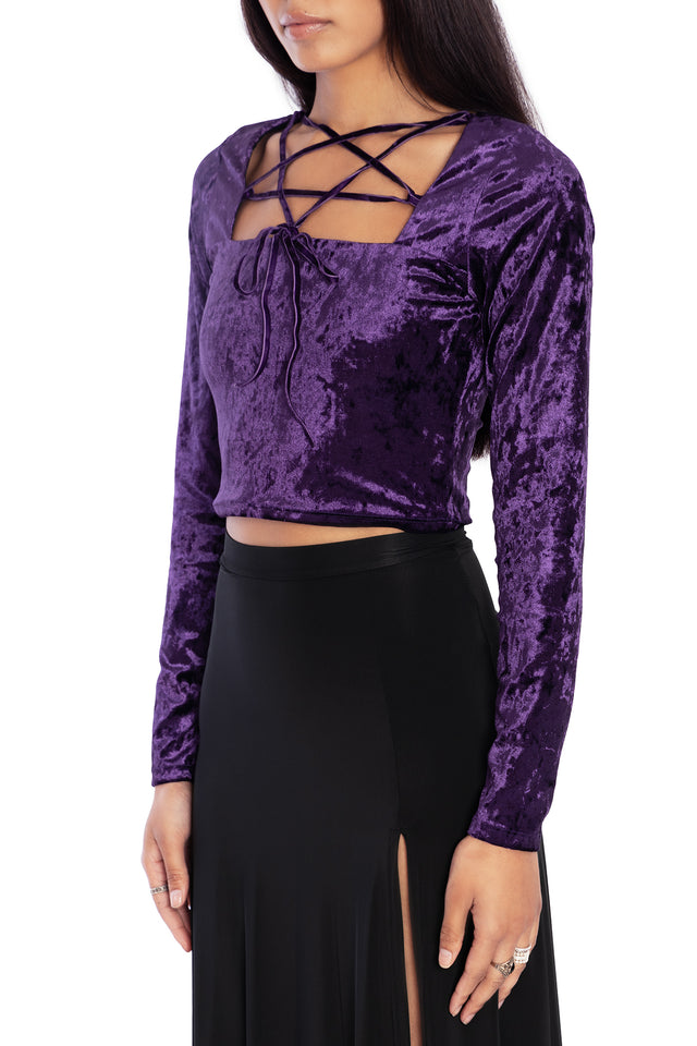 Wiccan Crushed Velvet Long Sleeve Pentagram Top Closeup