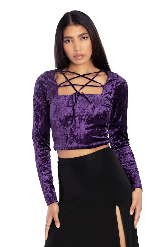 Wiccan Crushed Velvet Long Sleeve Pentagram Top Front 