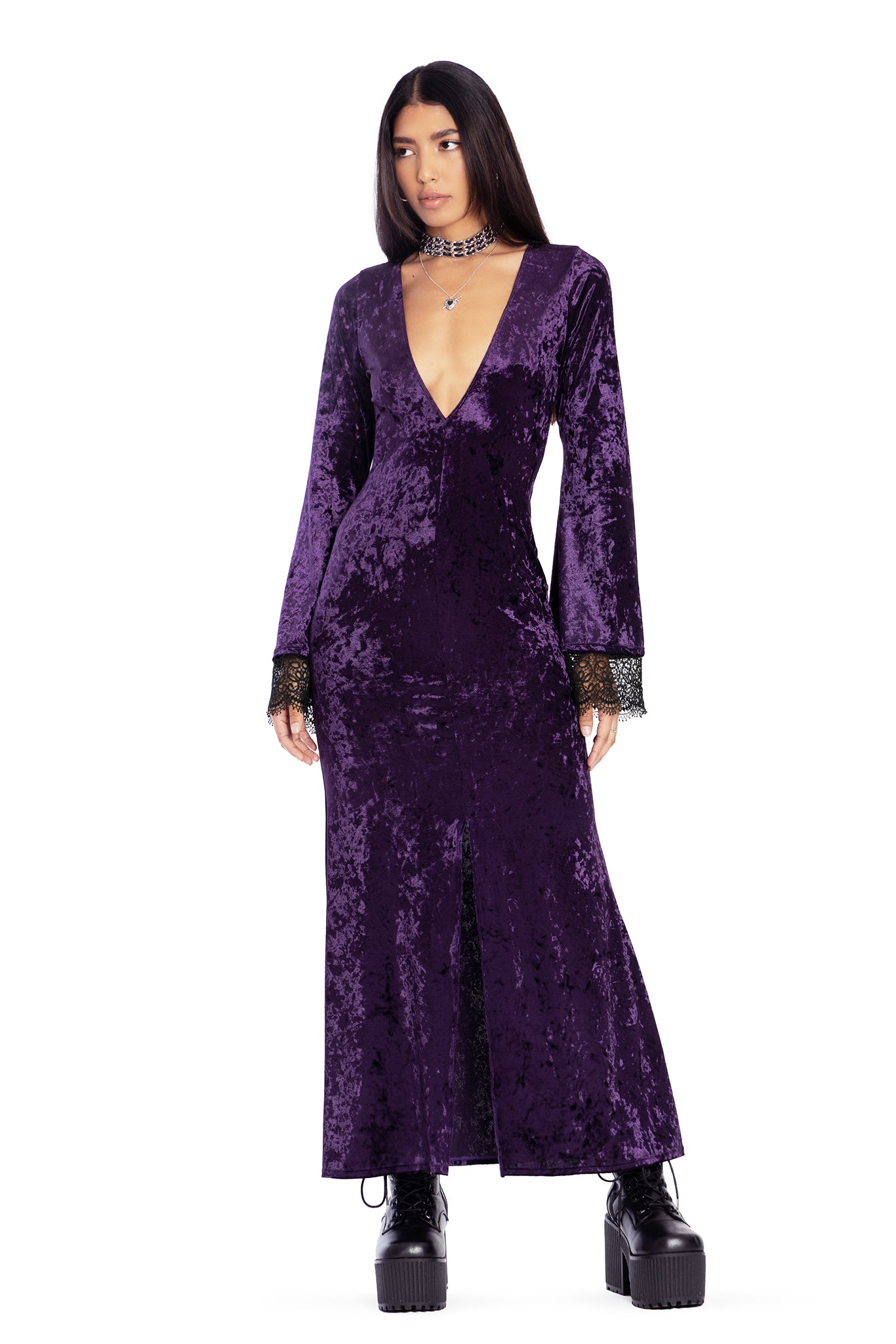 collectif mainline anjelica velvet maxi dress Wiccan Crushed Velvet Split Front Maxi Dress