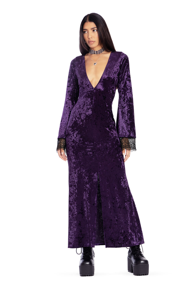 Wiccan Crushed Velvet Split Front Maxi Dress Front