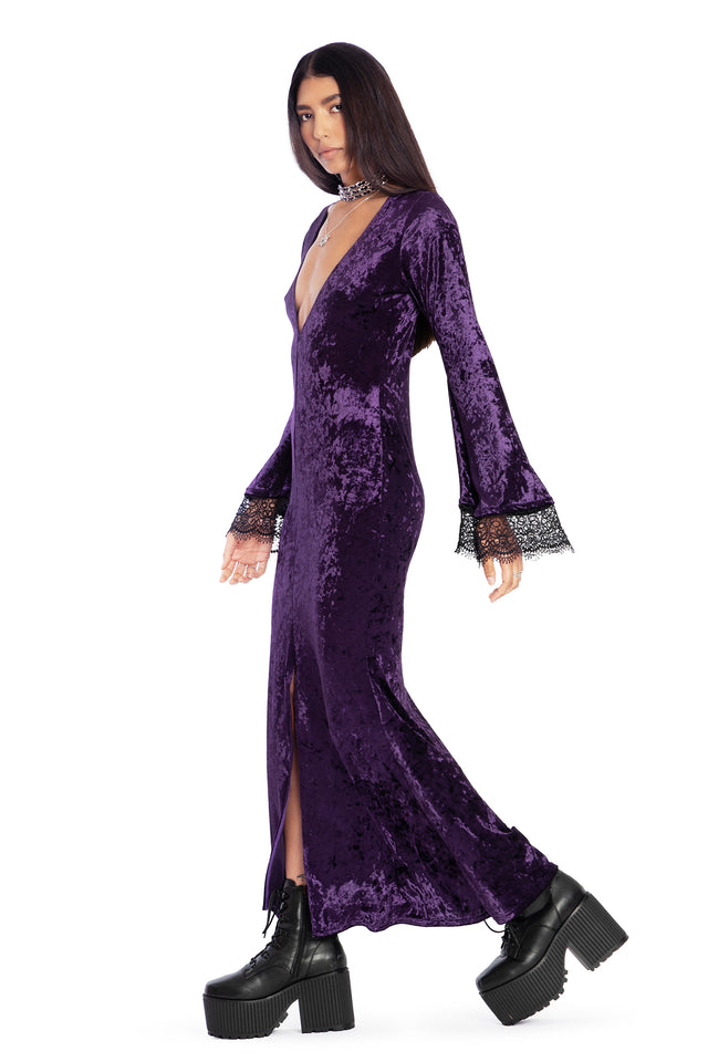 Wiccan Crushed Velvet Split Front Maxi Dress Side