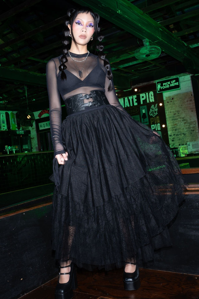 BlackMilk Widow's Weave Tulle Midi Skirt – black spiderweb lace tulle Halloween midi skirt, part of the BlackMilk Clothing Halloween collection