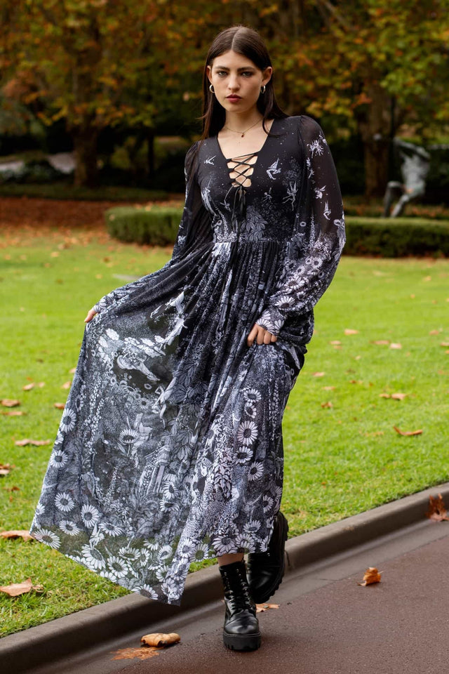 William Heath Robinson's Fairytales Sheer Bishop Maxi Dress