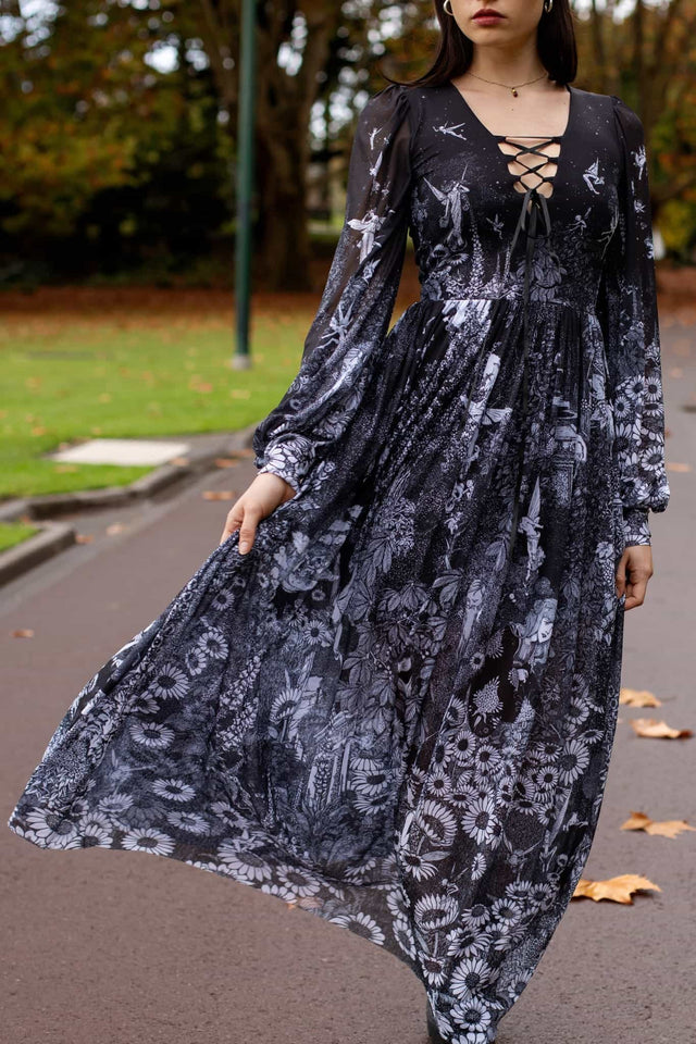BlackMilk | William Heath Robinson's Fairytales Sheer Bishop Maxi Dress | Black | S BlackMilk | William Heath Robinson's Fairytales Sheer Bishop Maxi Dress | Black | S