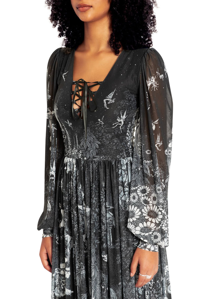 BlackMilk Clothing - William Heath Robinson's Fairytales Sheer Bishop Sleeve Maxi Dress