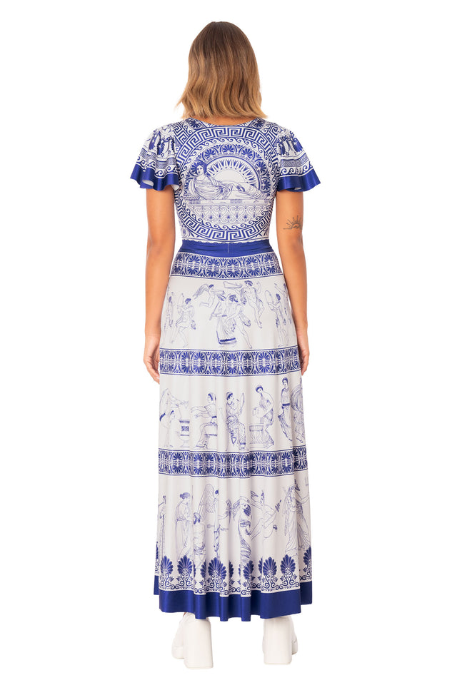 Woman of Leisure Rio Maxi Dress front product image showing flowing maxi silhouette and classical Grecian border print