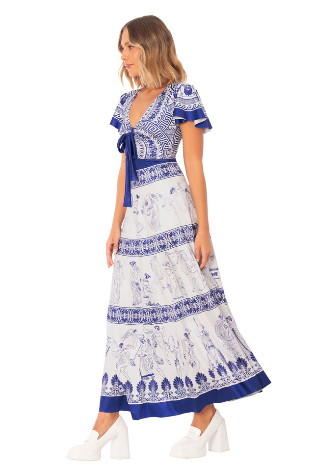 Blue and white printed maxi dress with flutter sleeves, front tie detail and ancient Greek inspired illustration