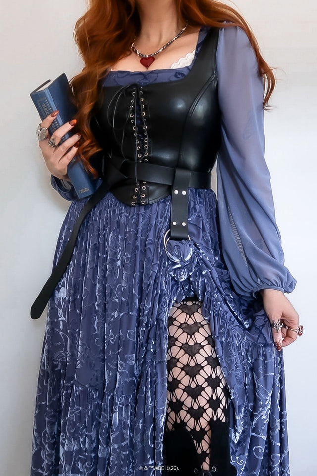 Detail-rich slate blue burned velvet midi dress from the Wuthering Heights collection, the Be With Me Always Fae Queen Dress features sheer sleeves, romantic neckline and flowing skirt