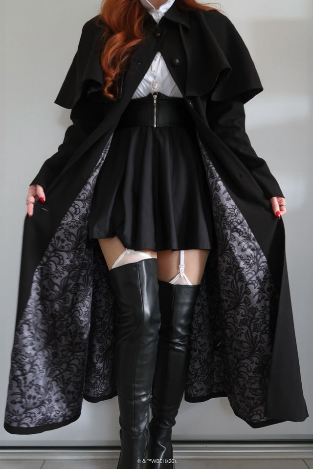 Model wearing the Heathcliff Trench Coat from the Wuthering Heights collection, a gothic black 3 in 1 trench coat styled open to reveal lace lining, layered over a black mini dress with thigh high boots