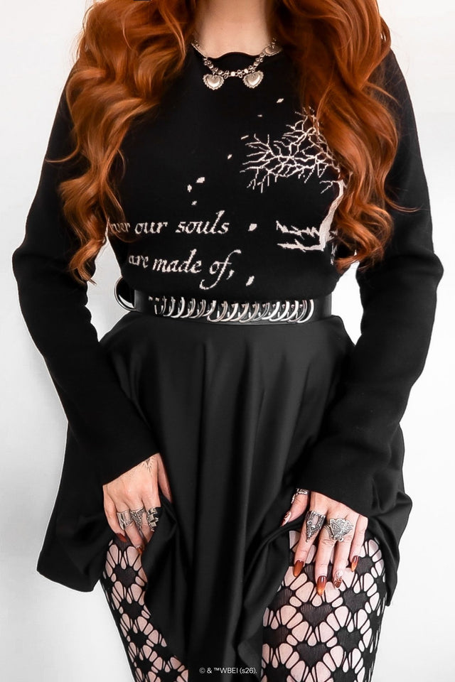 Gothic black high neck sweater from the Wuthering Heights collection, the His and Mine knit features illustrated motifs and romantic literary text woven into the fabric