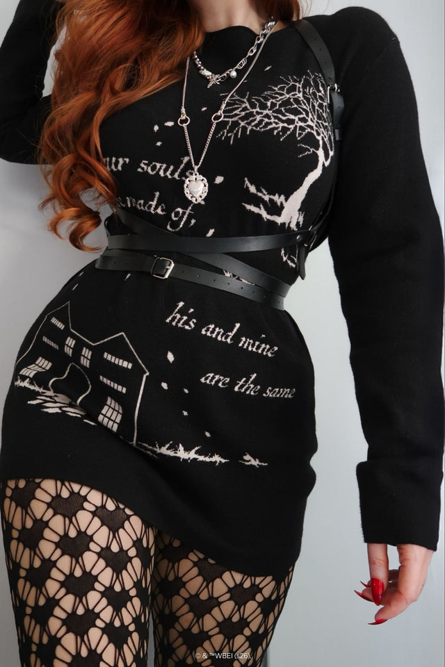 Wuthering Heights His and Mine High Neck Sweater in black, a gothic literary knit with woven text artwork and dark romantic styling