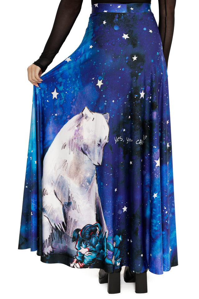 Long skirt with a white bear and star design on a blue background