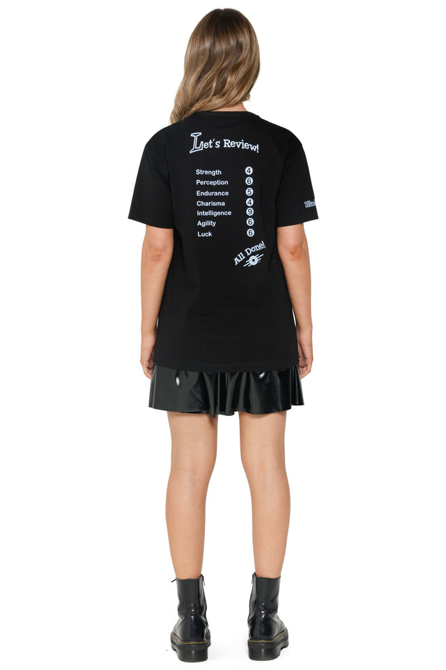 Fallout x BlackMilk oversized t-shirt featuring S.P.E.C.I.A.L. stats artwork from the Fallout universe.