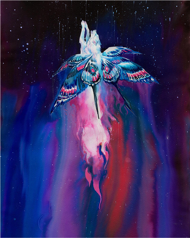 vibrantly colored artwork in blues and reds featuring a wolf with butterfly wings soaring into the nightsky 