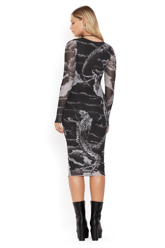 ascending dragon descending dragon sheer long sleeve bodycon midi dress back 