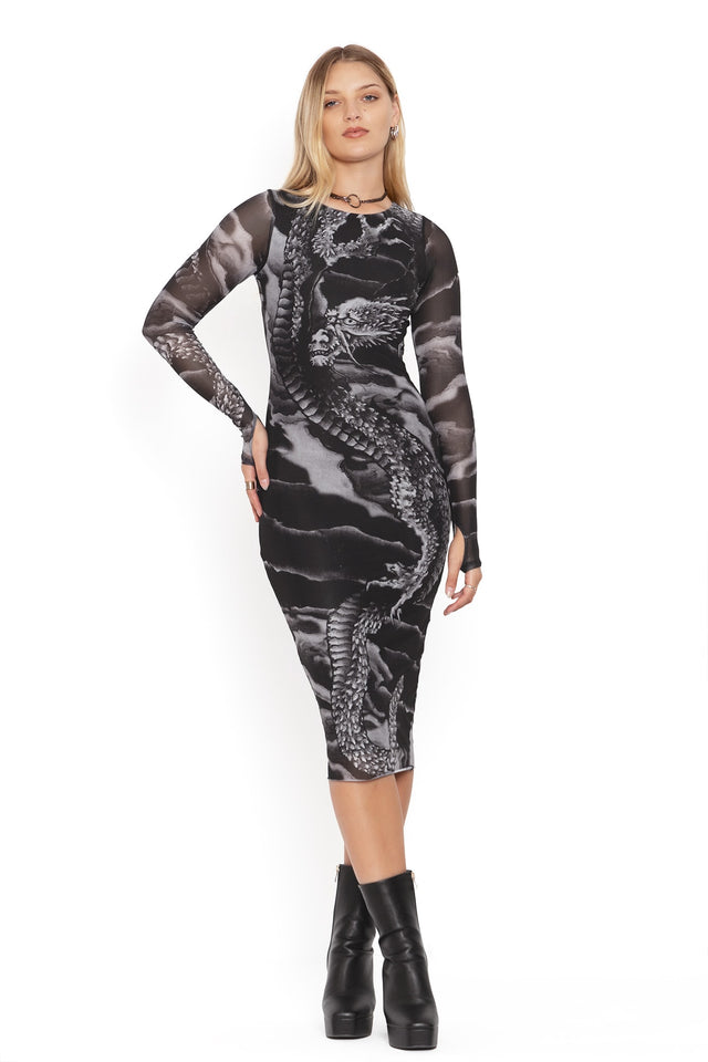 ascending dragon descending dragon sheer long sleeve bodycon midi dress front 