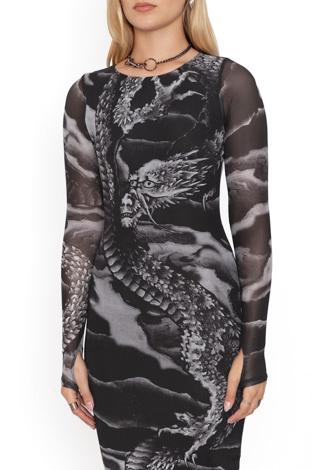 Ascending Dragon Descending Dragon Sheer Long Sleeve Bodycon Midi Dres - Limited BlackMilk Clothing Ascending Dragon Descending Dragon Sheer Long Sleeve Bodycon Midi Dres - Limited BlackMilk Clothing
