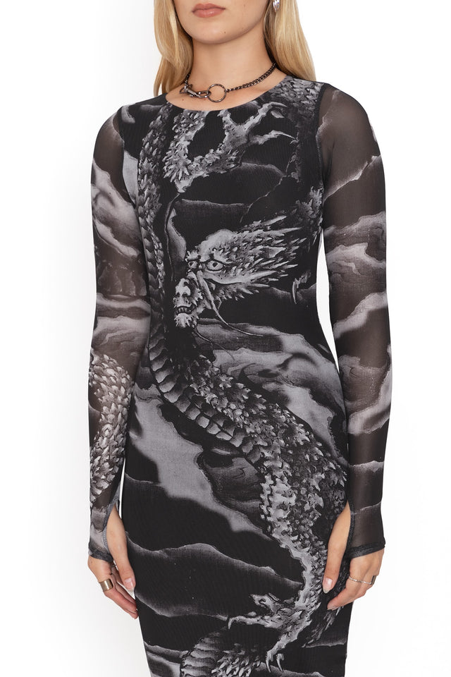 ascending dragon descending dragon sheer long sleeve bodycon midi dress print 