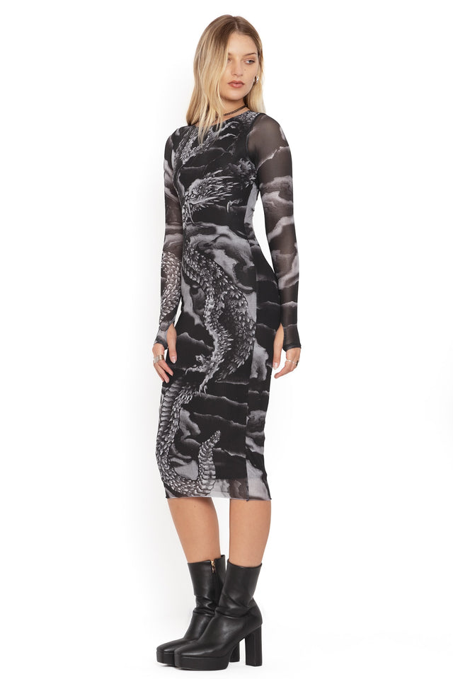 ascending dragon descending dragon sheer long sleeve bodycon midi dress side 