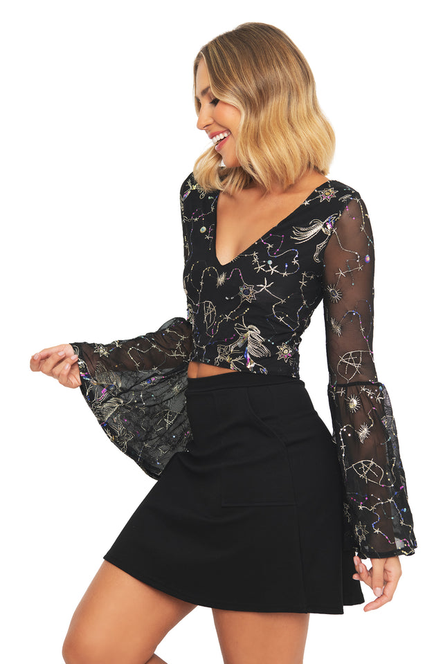 Astraea Sequin Mesh Flare Sleeve Top - Sample