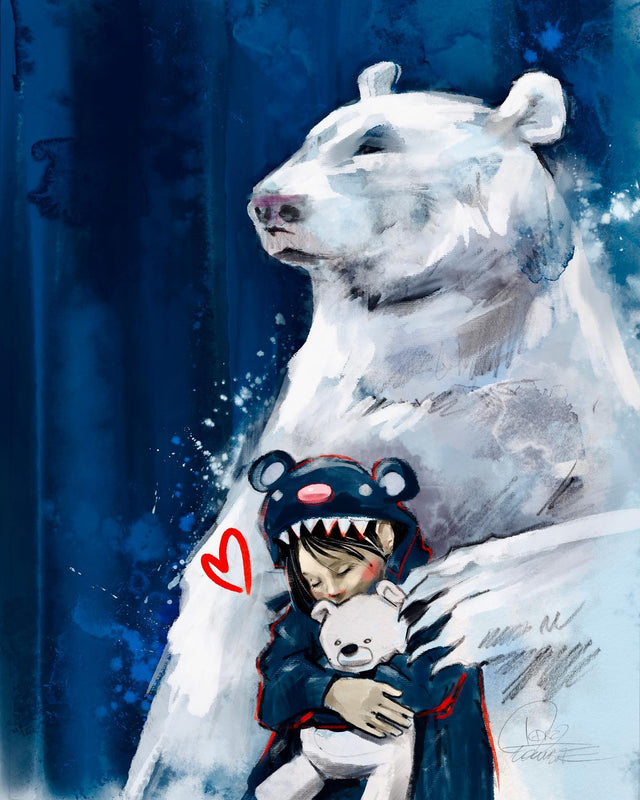 Illustration of a person in a bear costume hugging a small bear plush toy with a large white bear in the background.