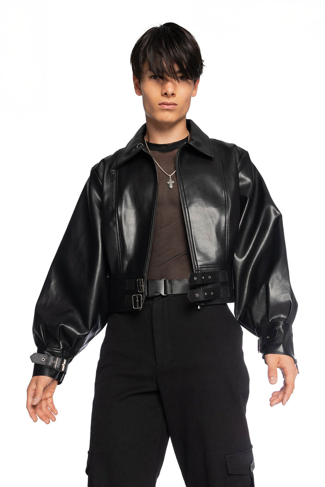 Black Balloon Cropped Moto Jacket