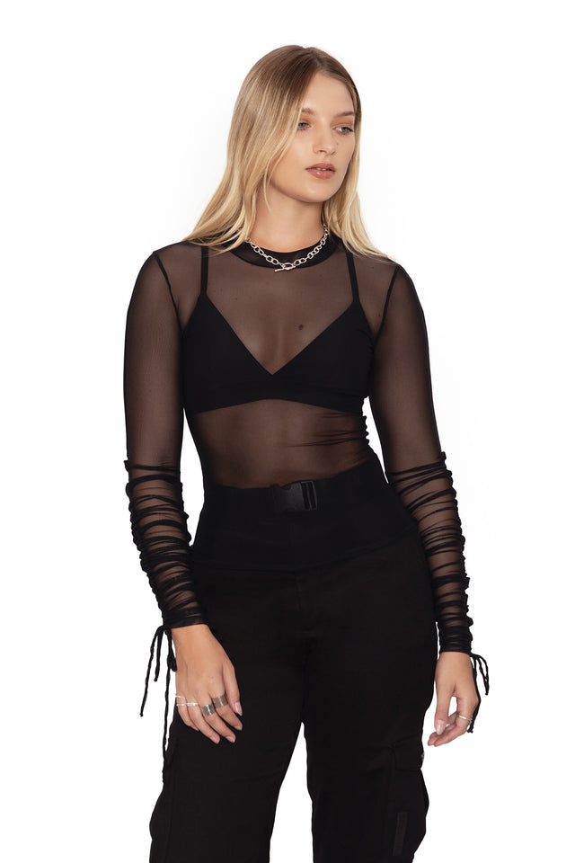 black sheer high neck long sleeve ruched top closeup 