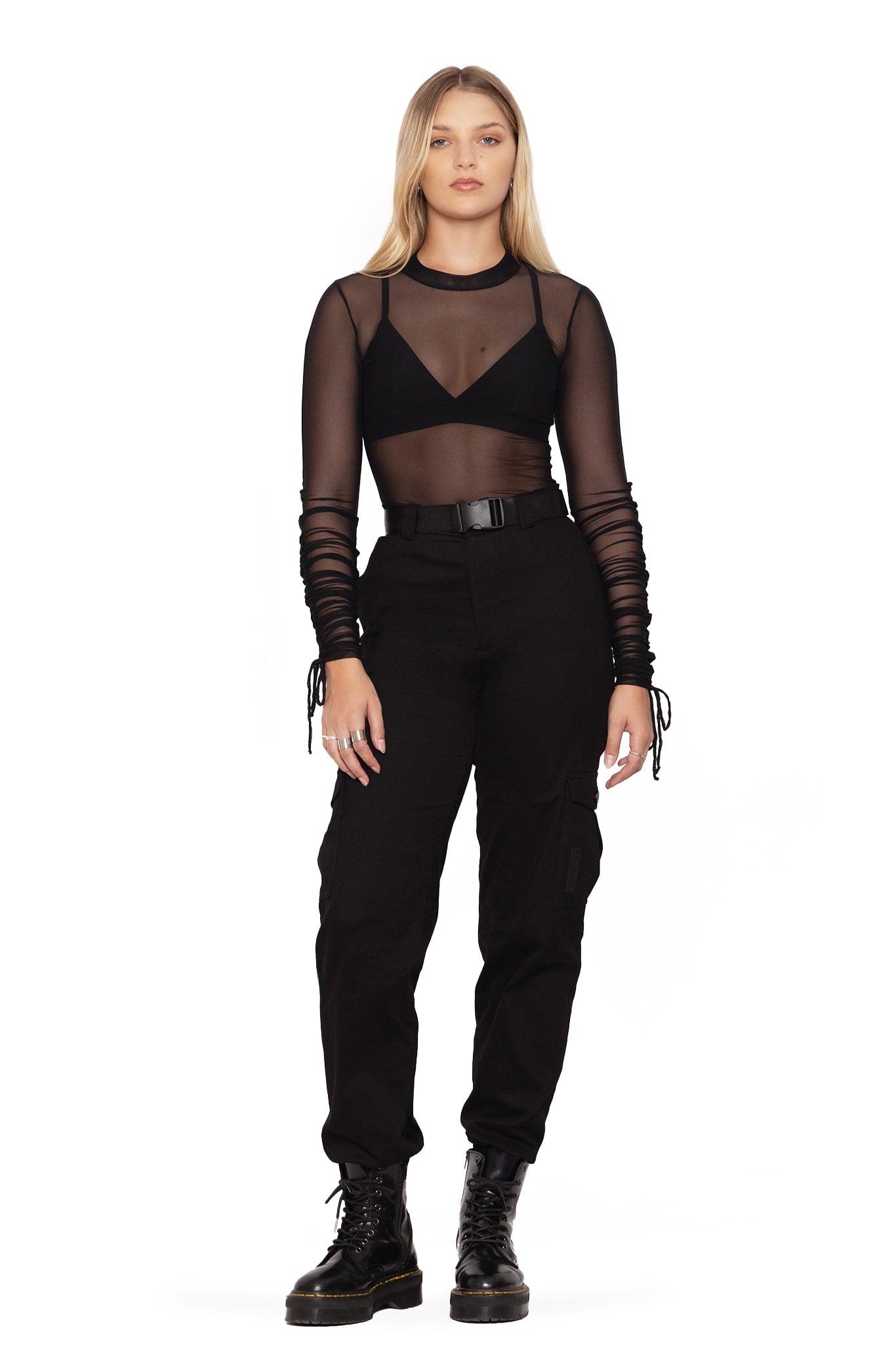 Sheer High Neck Long Sleeve Ruched Top BlackMilk Clothing