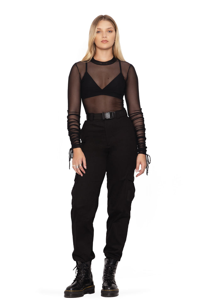 black sheer high neck long sleeve ruched top front 