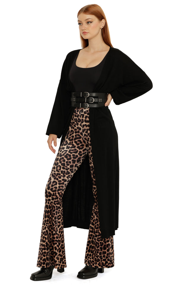 Front view of the Black Super Cardigan, a maxi-length open-front cardigan with dropped shoulders and ribbed cuffs.