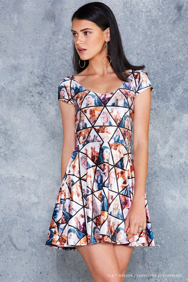 BlackMilk Labyrinth As the World Falls Down Velvet Cap Sleeve Skater Dress, officially licensed Jim Henson's Labyrinth (1986) merch featuring David Bowie as Jareth the Goblin King in the masquerade ballroom scene print - front view of model against a grey backdrop.