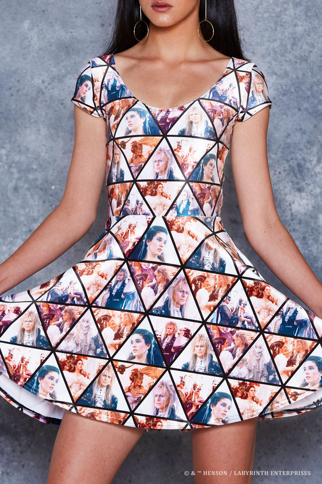 BlackMilk Labyrinth As the World Falls Down Velvet Cap Sleeve Skater Dress, officially licensed Jim Henson's Labyrinth (1986) merch featuring David Bowie as Jareth the Goblin King in the masquerade ballroom scene print - close-up front view of the bodice and skirt detail.