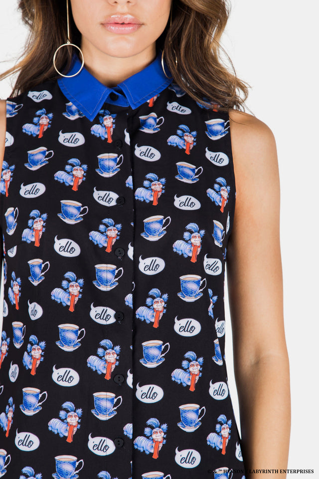 BlackMilk Labyrinth Ello Business Time Shirt - close-up of the officially licensed Jim Henson's Labyrinth print featuring the Worm character and 'ello speech bubble teacup pattern on the blue collar shirt.