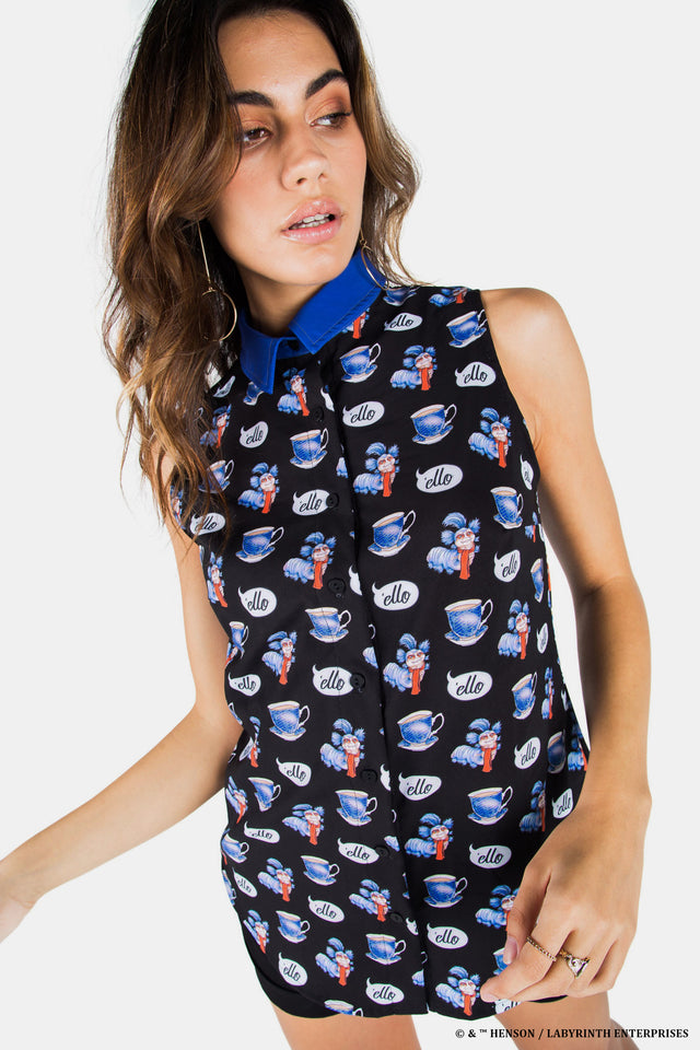 BlackMilk Labyrinth Ello Business Time Shirt - officially licensed Jim Henson's Labyrinth (1986) merch featuring the Worm character and 'ello speech bubble teacup print - close-up styled shot of the sleeveless collared top.