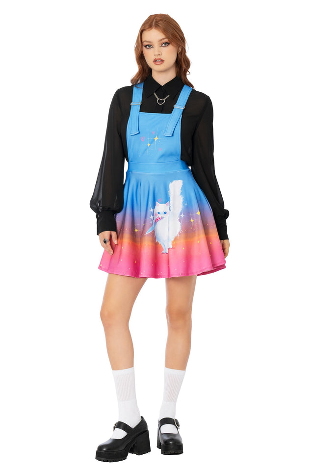 Pink apron dress with Lora Zombie cat and knife artwork - adjustable strap wearable art dress by BlackMilk