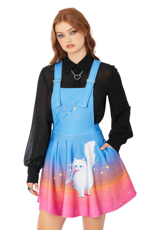 Close-up of Lora Zombie cat artwork on pink apron dress - BlackMilk wearable art detail