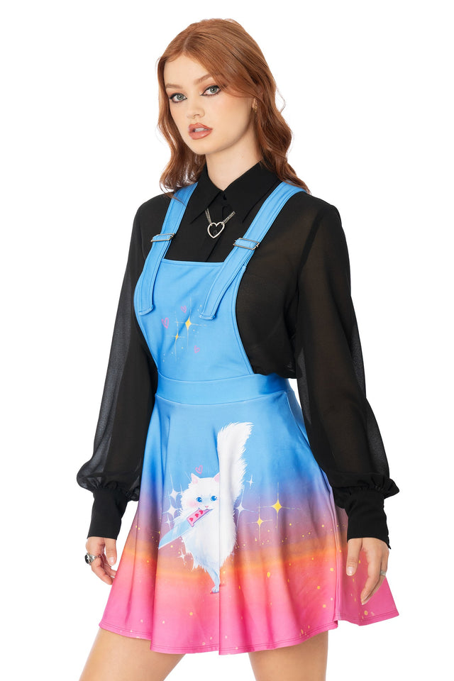 BlackMilk pink Toastie Core skater apron dress featuring Lora Zombie cat design - wearable art fashion